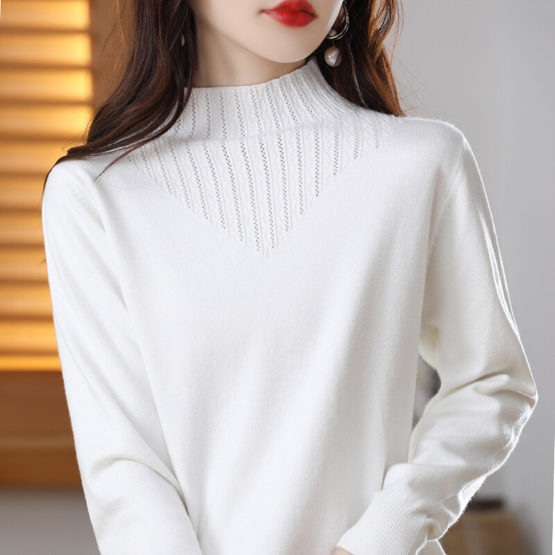 Camisa de punto con cuello semialto para mujer, suéter suelto de manga larga, Color sólido, fino, novedad de otoño e invierno, 2023
