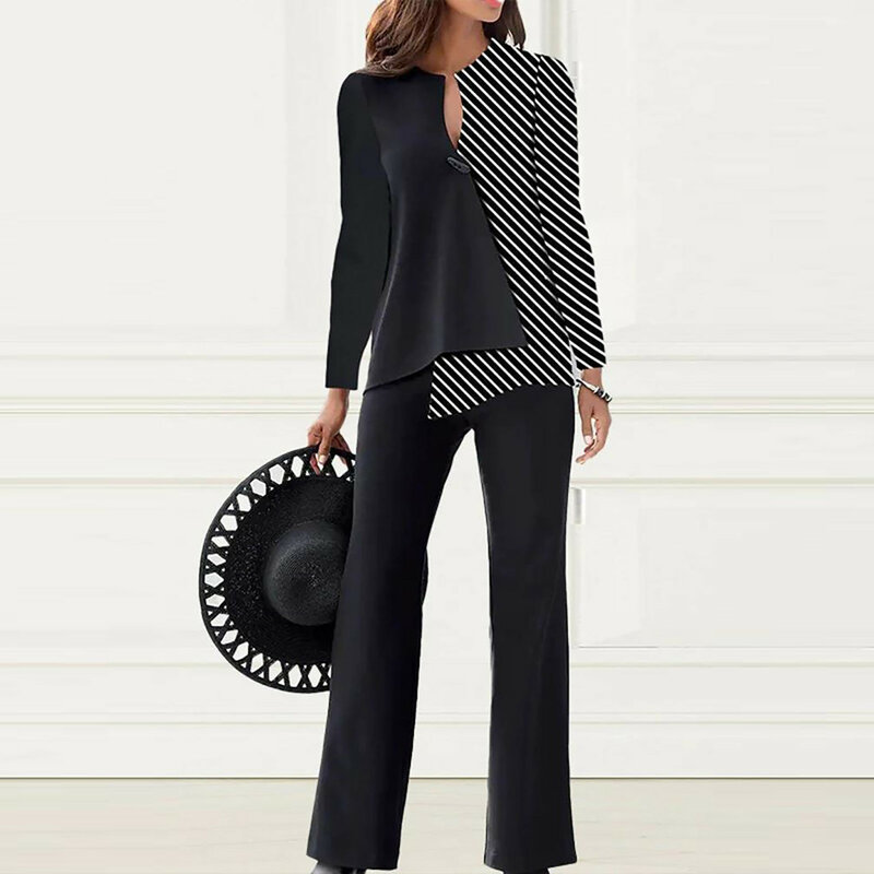 Setelan pakaian bisnis wanita, setelan jas dua potong atasan lengan panjang leher V celana kaki lebar musim gugur