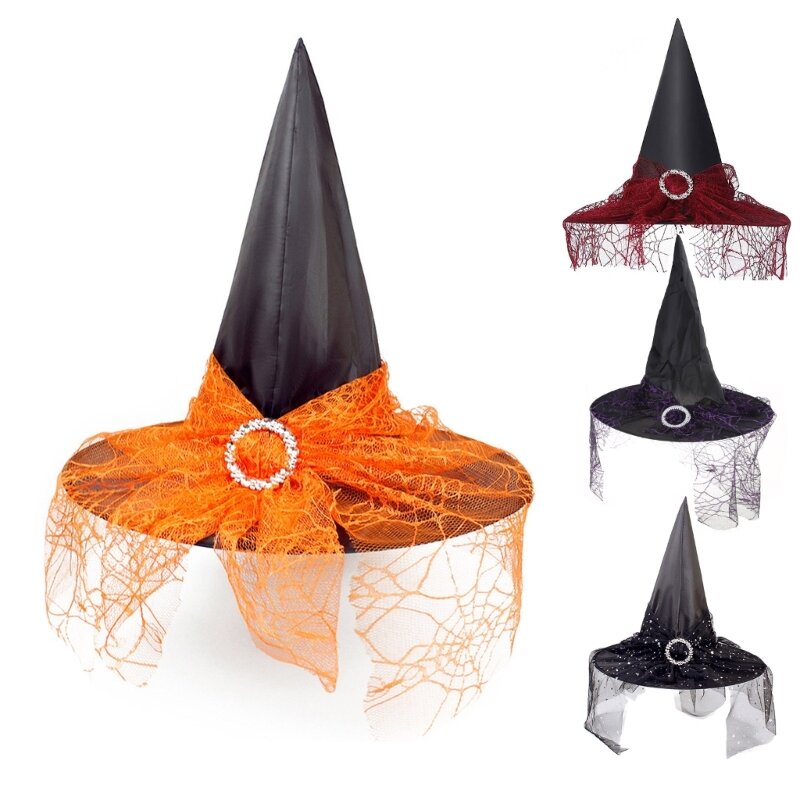 Cappello da festa Cappello da strega con velo Costume da cappello da mago per donna, cappello da mago Halloween