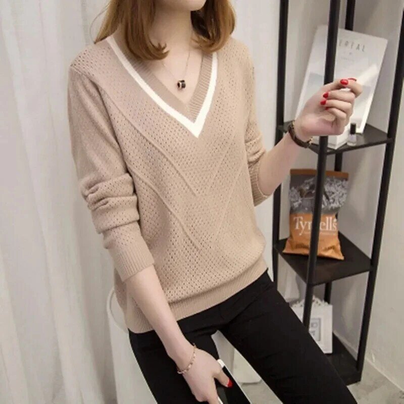 Spring Autumn Annals Women Pullover V-neck Short Knit Sweater Female Large Size Loose Long Sleeved V-neck Hollowed Out Knitwear