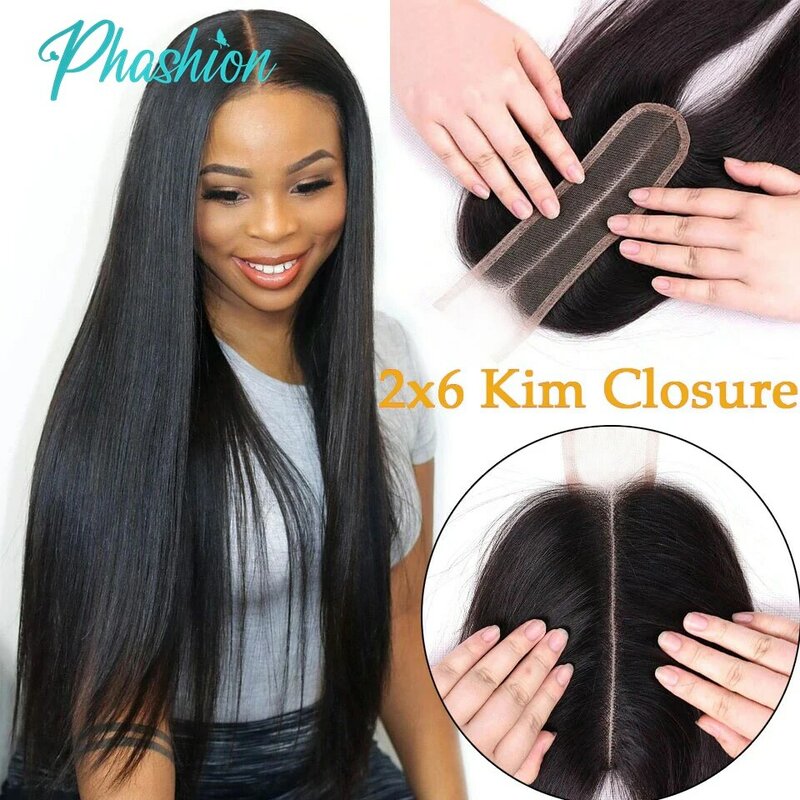 Phashion Kim K 2x6 Swiss penutupan renda transparan gelombang tubuh lurus bagian tengah dalam rambut manusia Remy Brasil untuk WANITA HITAM