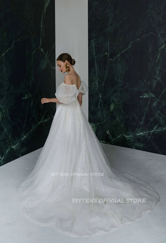 Glänzend eine Linie Brautkleider von der Schulter funkeln Robe de Mariée 2024 kurze Puff ärmel lange Brautkleid vestidos elegantes
