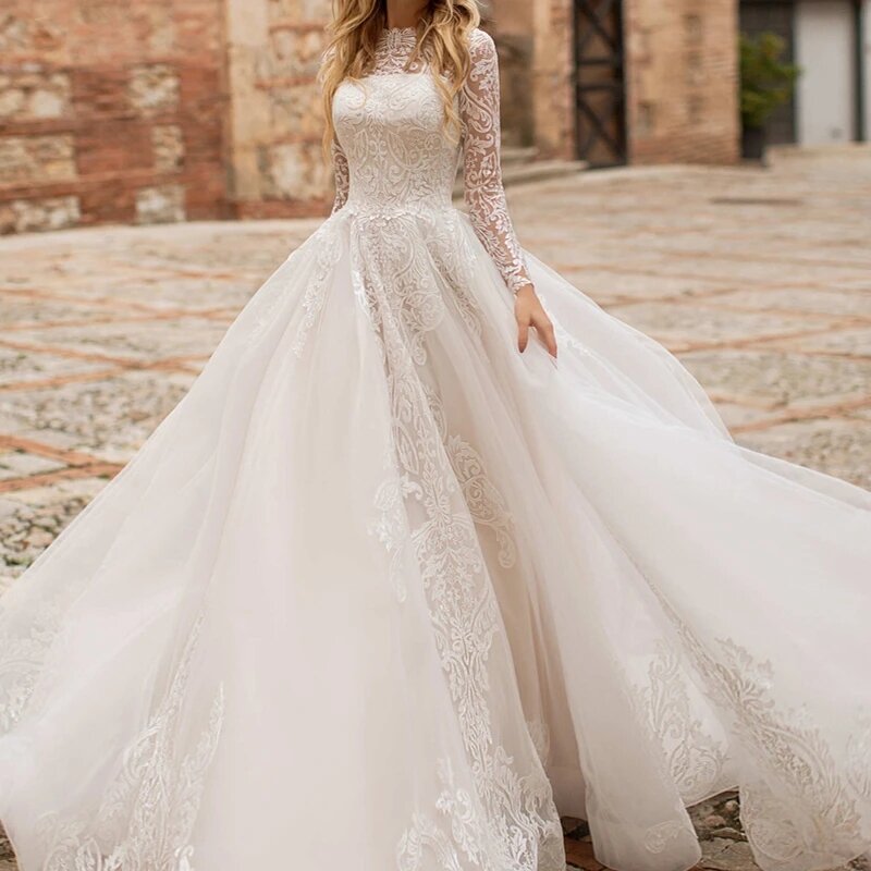 Gaun pernikahan indah untuk wanita A-Line Tulle Robs renda applique gaun pengantin mewah gaun lengan panjang elegan Vestidos De Novia