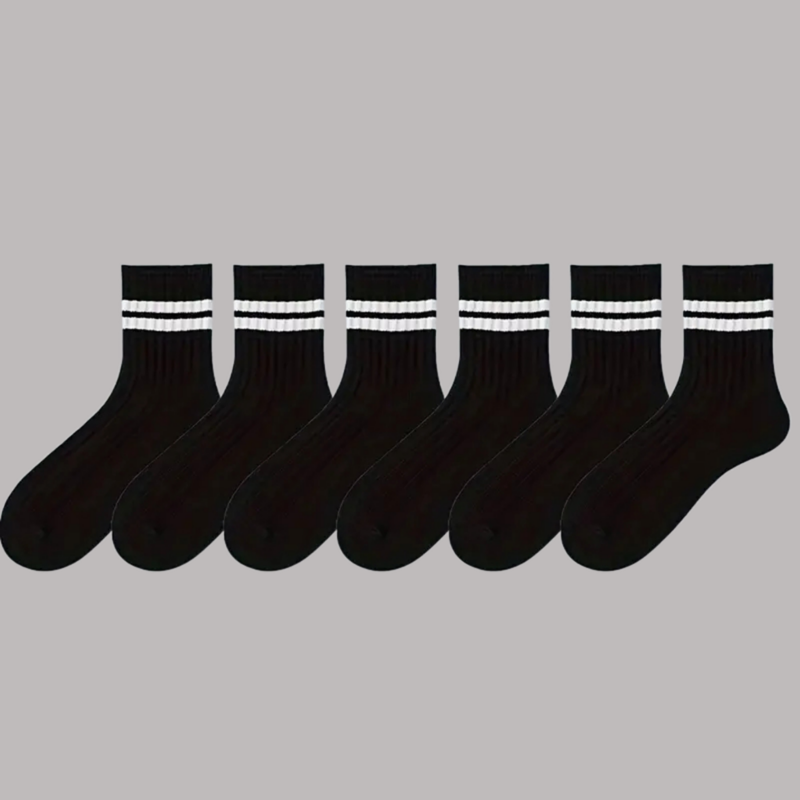 6 Pairs Men's Cotton Socks Breathable Round Neck White Socks Mid Tube Sock Spring Autumn Simple Casual Black White Striped Socks