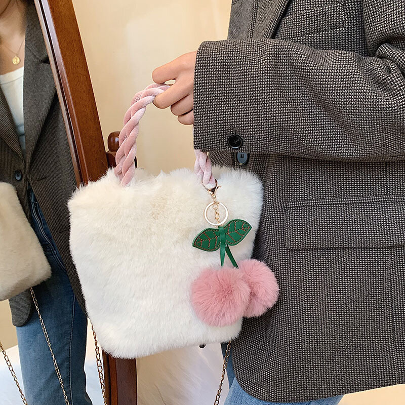 Autumn Winter Cherry Plush Handheld Bag for Women Furry Handbag Ladies Plush Bucket Bag Small Basket Crossbody Totes