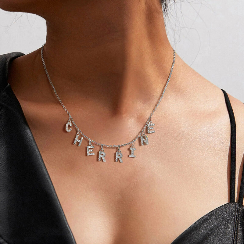 Collar de nombre personalizado con inicial para mujer, colgante de letras pavimentadas, eslabón de cadena de acero inoxidable ajustable