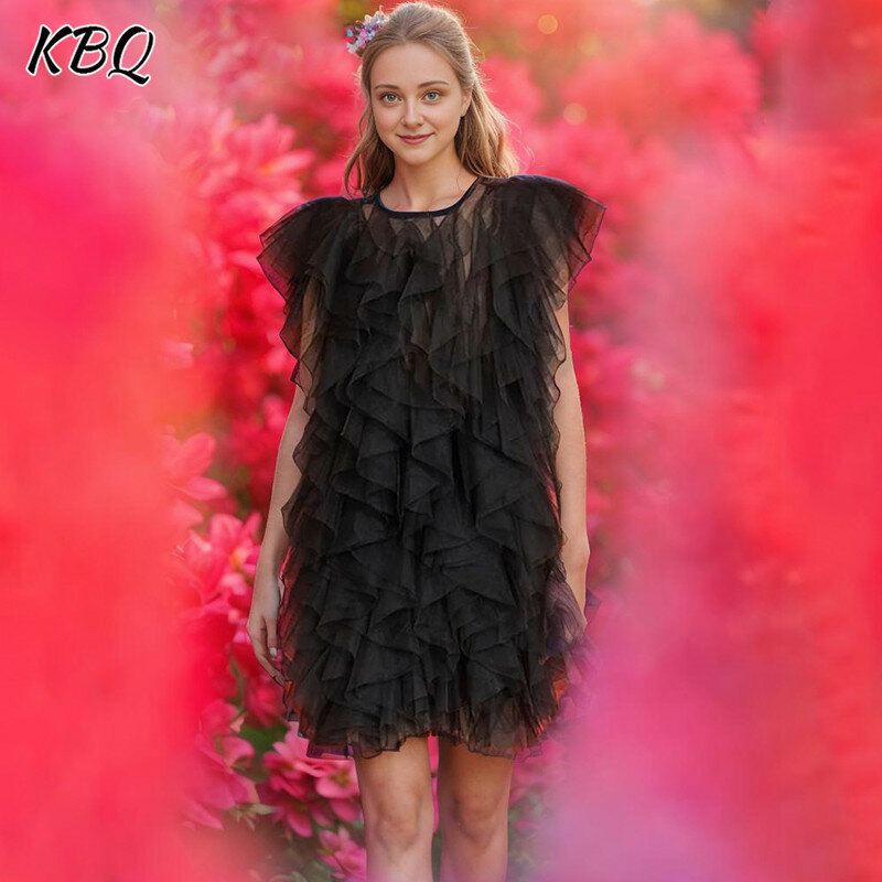 KBQ Solid Temperament Spliced Lace Up Mesh Dress For Women Round Neck Sleeveless High Waist Formal Dresses Female Fashion Style