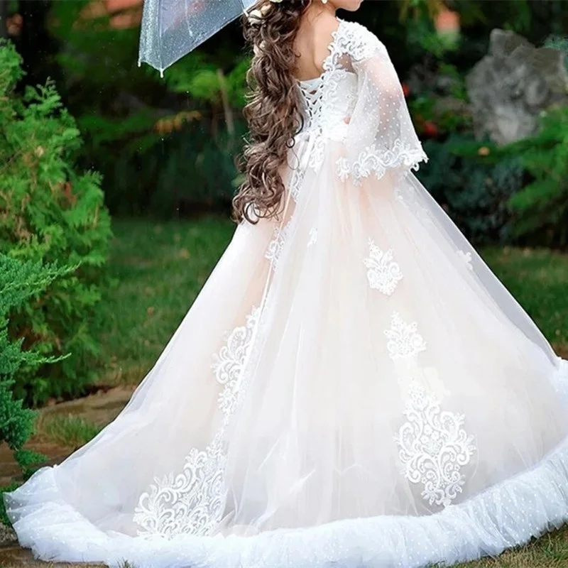 結婚式用のタイトな花のドレス,フォーマルな夜会服,白いレース,袖付き,プリンセス,子供のイブニングパーティー,初聖体