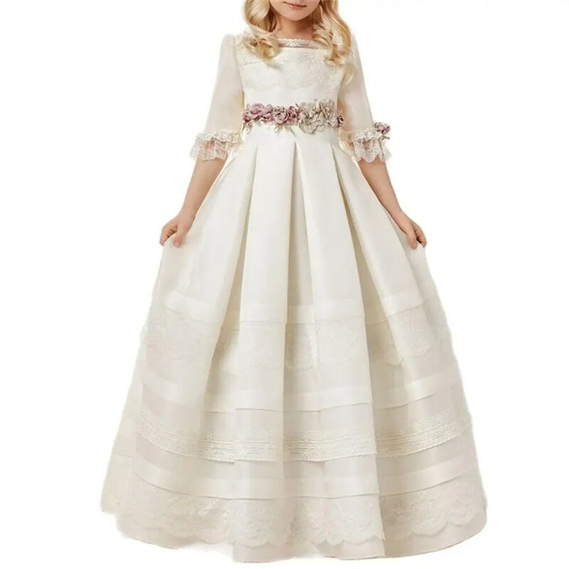فستان أبيض بسيط للمناولة الأولى لفتاة الزهور الدانتيل نصف كم طفل حفلة عيد ميلاد الأميرة الجمال مسابقة حفلة موسيقية