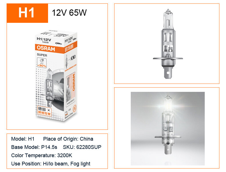 OSRAM-Ampoule halogène de voiture antibrouillard, lumière jaune, lampe standard, lumière de sauna d'origine, qualité OEM, 1X, H1, H4, H3, H7, 12V, 55W, 65W, 100W, 3200K