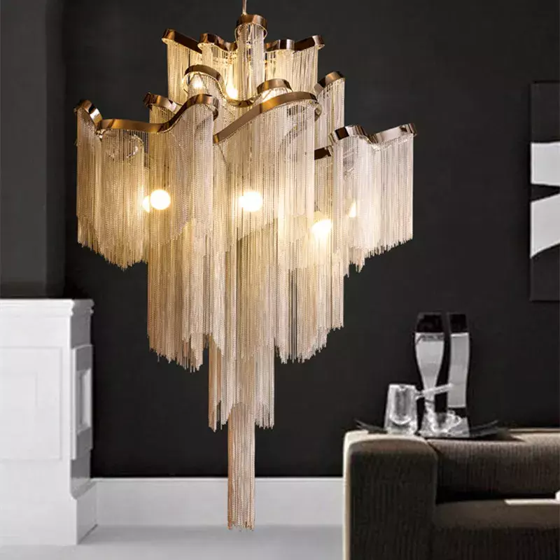 Lampadario di lusso con frange lampada a sospensione catena in alluminio scala argento oro plafoniera per la decorazione domestica dell'hotel lampada a sospensione