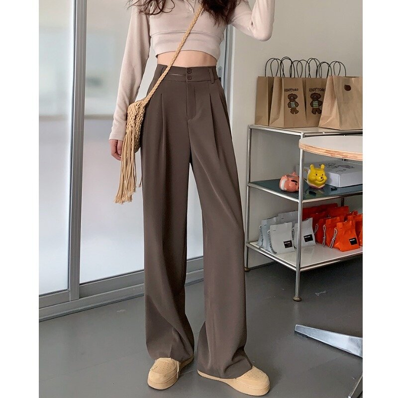 Black Brown Casual Pants Women 2022 Autumn And Winter High Waist Wide Leg Straight Suit Pants