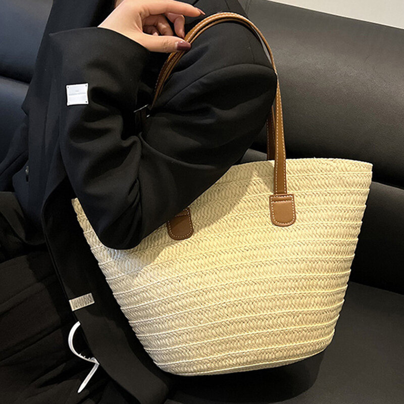 Casual Woven Beach Straw Handbags Luxury Designer Women Shopper Vacation Shoulder Bag Ladies Summer Large Capacity Tote Purse