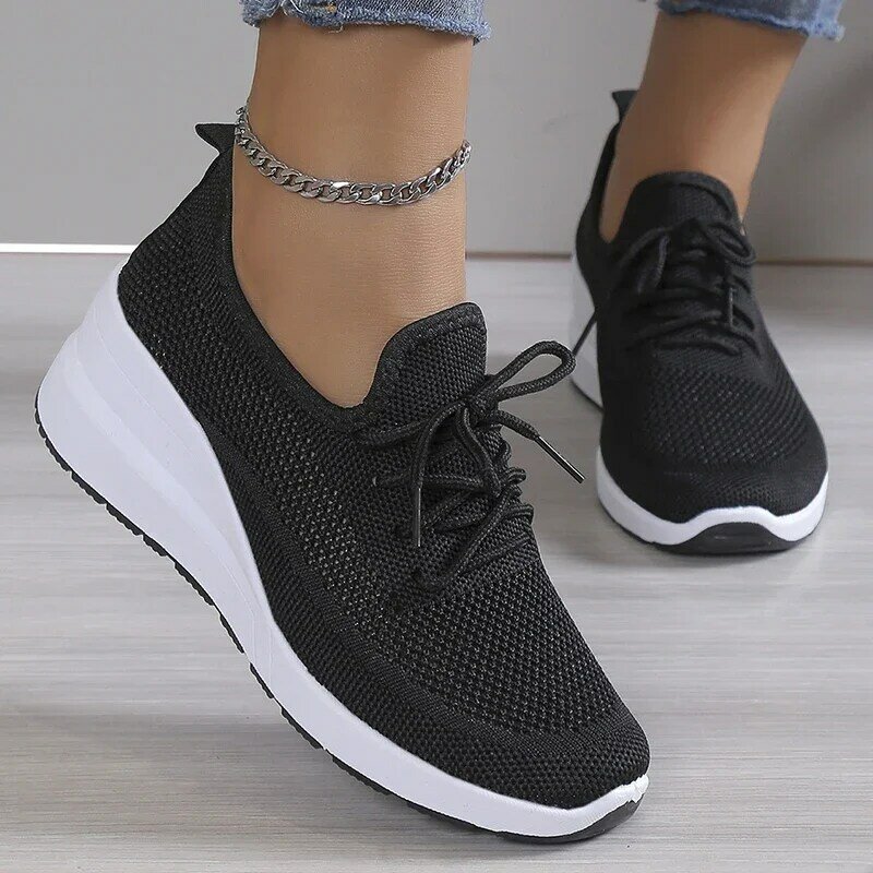 2024 Spring Breathable Wedge Sneakers Women Mesh Knitted Platform Sports Shoes Woman Casual Non-Slip Lace Up Tennis Shoes Ladies