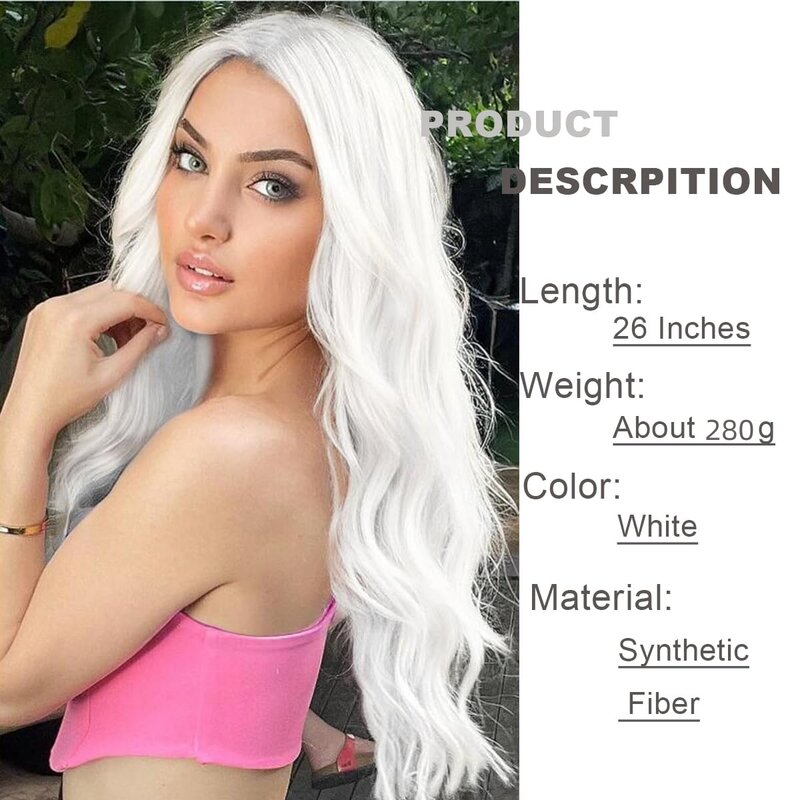 Long White Curly Wigs Synthetic Water Wavy Front Lace Natural Wig for Women Daily Use Halloween Cosplay Heat Resistant
