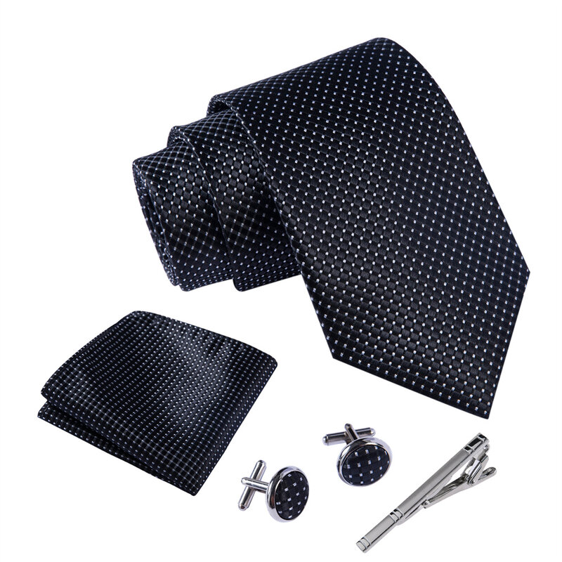 Ikepeibao-Conjunto de corbata con Hankie para Hombre, conjunto de gemelos de Metal con Clip, ropa Formal, corbata de rendimiento geométrica, color blanco y negro