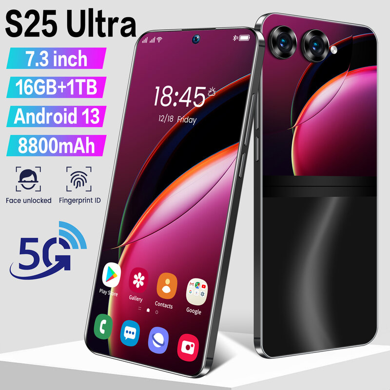 S25 Ultra Android 13 Smartphone, 7.3 HD Screen, 16G + 1T, 8800mAh, 5G, Dual Sim, Face Desbloqueada, Telefone Móvel Original, Novo, 2020