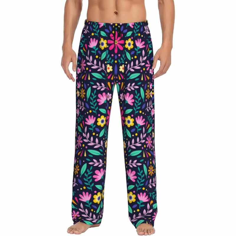 Pantalones de pijama con estampado personalizado para hombre, ropa de dormir con patrón de arte Otomi de flores mejicanas, pantalones de dormir con bolsillos