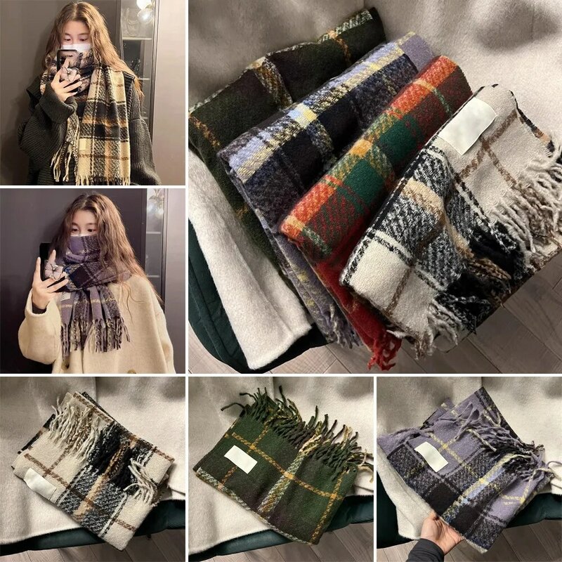 Sciarpa lavorata a maglia scozzese a righe nuova sciarpa di lana versatile per tenere al caldo sciarpa calda a prova di freddo da donna