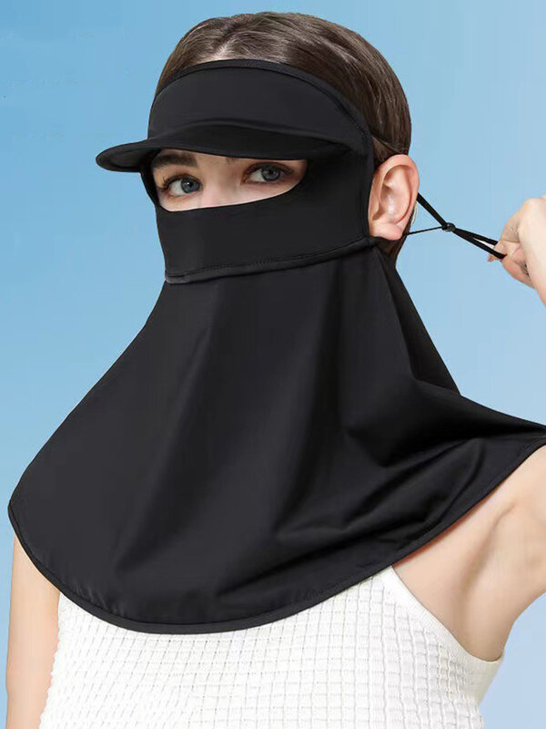 Máscara anti-ultravioleta feminina com protetor solar externo, chapéu de verão, seda gelo, respirável, capa fina, rosto, preto, cinza, UV, 50 Plus