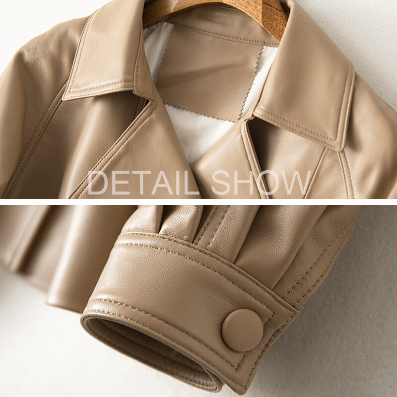 Julypalette jaket Blazer kulit asli wanita, jaket Blazer kulit asli, kancing dua baris 2023, sabuk renda warna Khaki untuk wanita