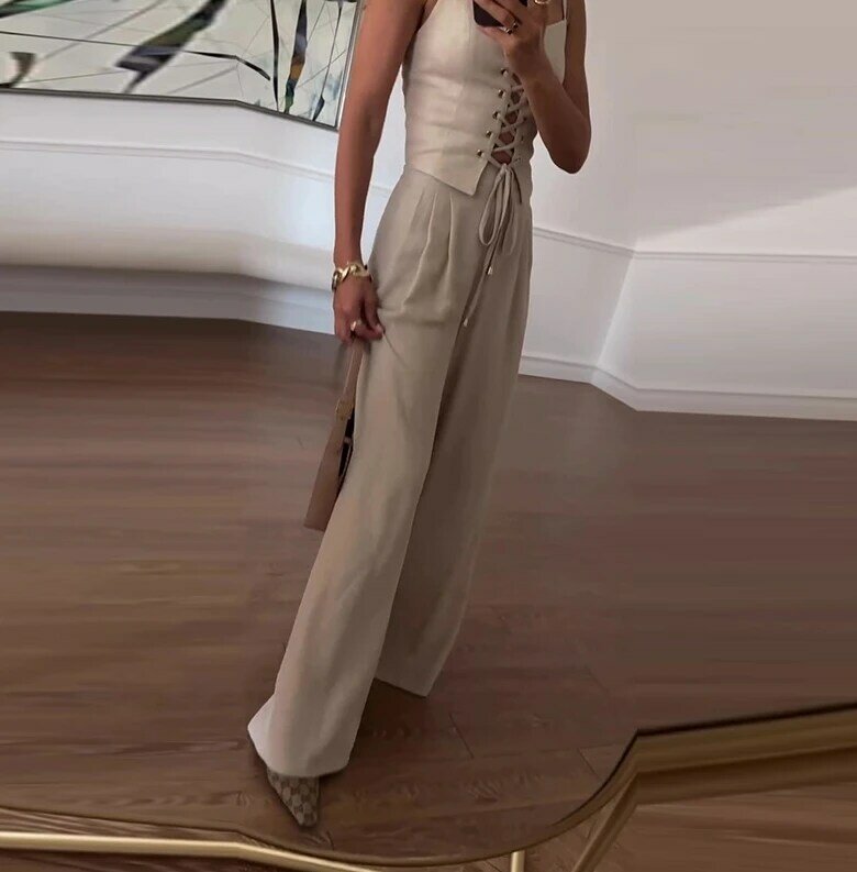 Purely Sexy Hollow Strap Design with Suspender Top, Casual Solid Color Wide Leg Pants, Summer Women's Fashion Set