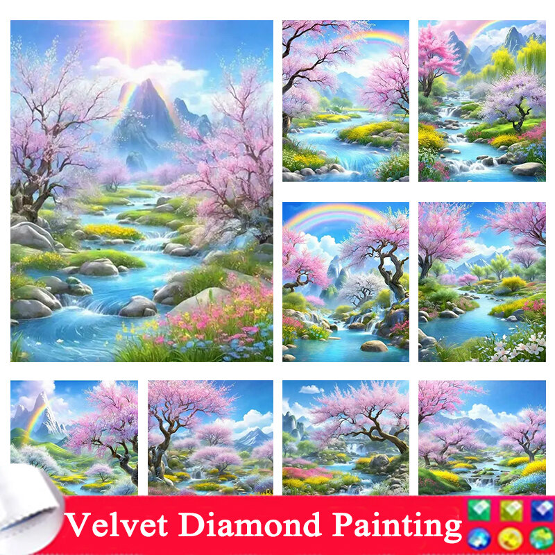 Diamante pintura com strass bordado, arte mosaico completo, arco-íris cenário, rio, nova coleção, fantasia, sonho, rosa, árvore, bricolage