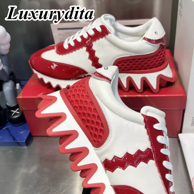 LUXURYDITA designerska męska trampki prawdziwa skóra czerwona podeszwa luksusowa damska buty do tenisa 35-47 modne mokasyny Unisex HJ1250