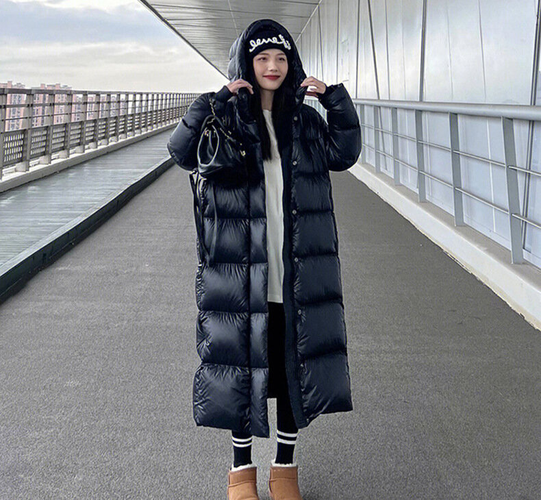 Piumino da donna di nuova moda lungo parka Ultra-spesso nero con cappuccio cappotti caldi giacche invernali da donna piumini leggeri