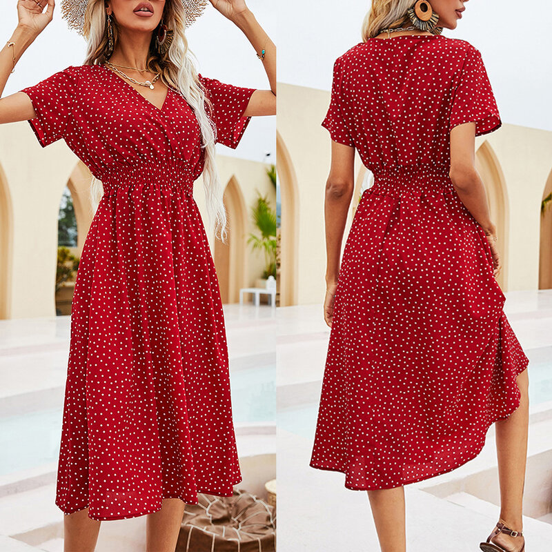 Bohemia Womens Dress Breathable Daily Holiday Holiday Dress Ladies Loose Polka Dots Red Short Sleeve Summer New