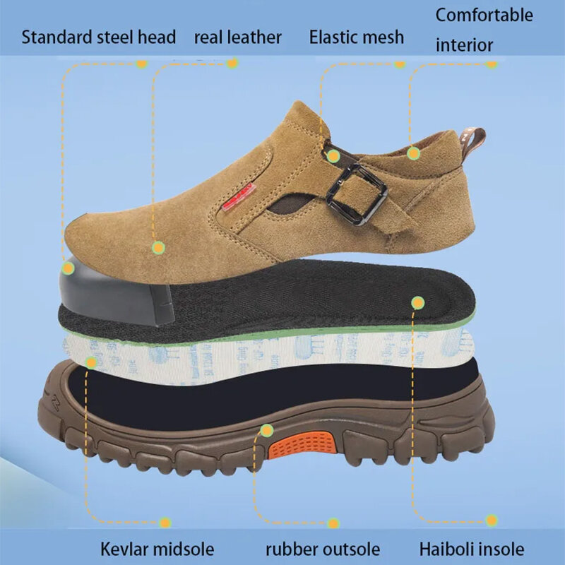Sepatu keselamatan ringan untuk Boot jari kaki baja sepatu pendek kulit Khaki pria sepatu bot keselamatan industri pelindung pengelasan karet