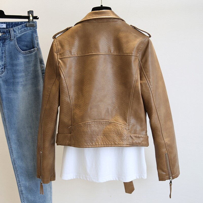Jaqueta de couro sintético para mulheres, streetwear magro, cáqui, casaco de motociclista com cinto, roupas ao ar livre, primavera e outono, 2023