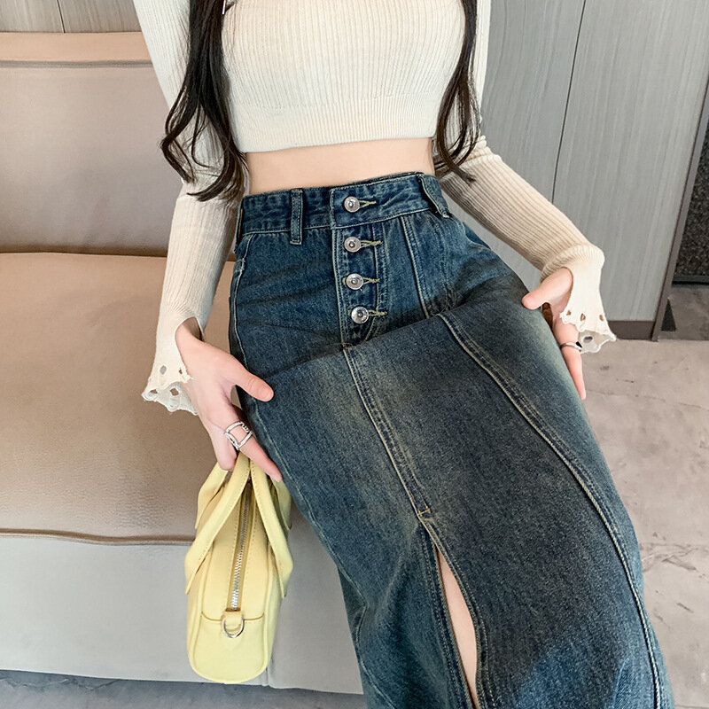 Jeansowa spódniczka z wysokim stanem średniej długości jeansowa spódnica o linii Retro spódnica wiązana bioder