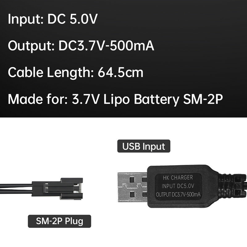 Cabo de carregamento USB com conector SM-2P Plug, bateria 3.7V, apto para carros RC, caminhões, navios RC, drones, pistola de ar