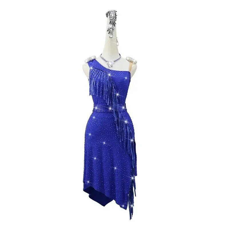 Niebieska sukienka na konkurs tańca Latin kobiety wieczorowa, krótka spódnice liniowe garnitur do ćwiczeń balowych ubrania damskie kostium na studniówkę