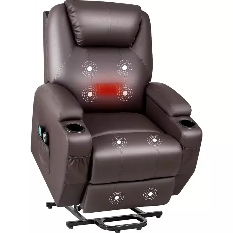 JUMMICO platforma podnosząca fotel rozkładany z ciepłem i masażem dla osób starszych PU skóra nowoczesne krzesło rozkładany tapczan z uchwyty do kubka, Rem