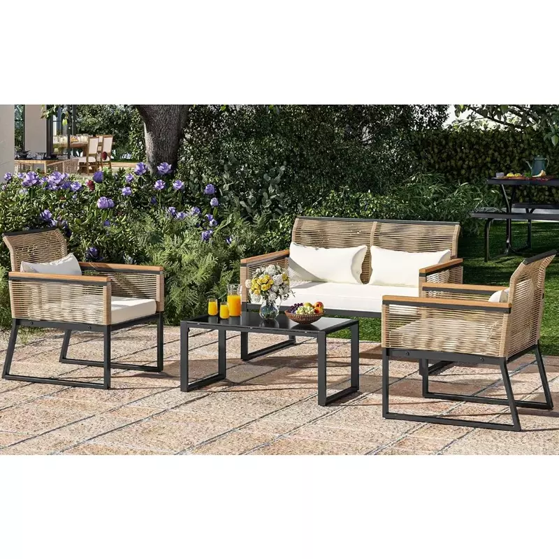 Patio Furniture Wicker Outdoor Bistro Set, 4-Piece All Weather Rattan Loveseat for Backyard, Coffee Table, mesa  outdoor table