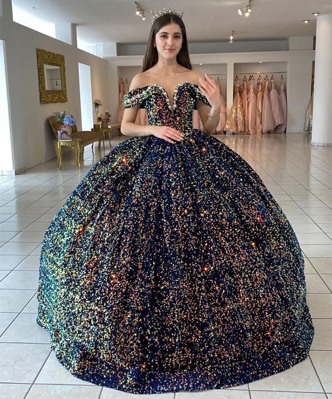 Puffy Princess Quinceanera abiti Ball Gown Off The Shouler paillettes Beaded Sweet 16 abiti 15 aecos Custom
