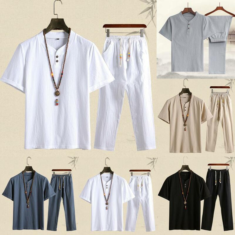 Koszula spodnie zestaw przyjazny dla skóry garnitur Casual wchłaniające pot kieszenie prosty O dekolt zestaw długich spodni t-Shirt