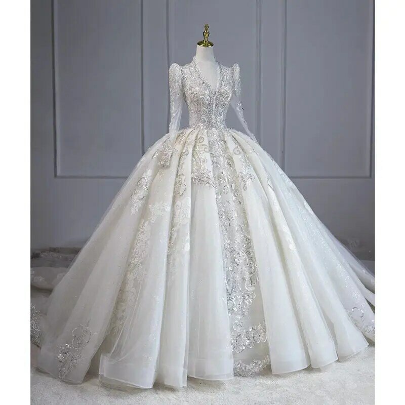 Dubai Arabia Ball Gown abito da sposa scollo a V maniche lunghe cristallo paillettes perla abito da sposa Vestido De Novia Robe De Mariée