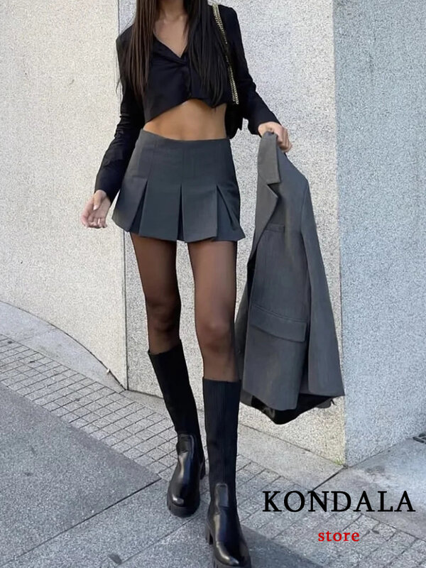 KONDALA-Mini jupes vintage gris foncé pour femmes, jupes courtes plissées à volants, streetwear sexy, mode féminine, 2024