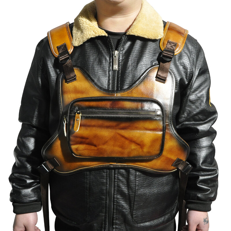Real Thick Leather Vintage Streetwear Men Hip-Hop Chest Bag Two Straps Chest Rig Bag Fashion Rectangle Chest Utility Pack 291 yb