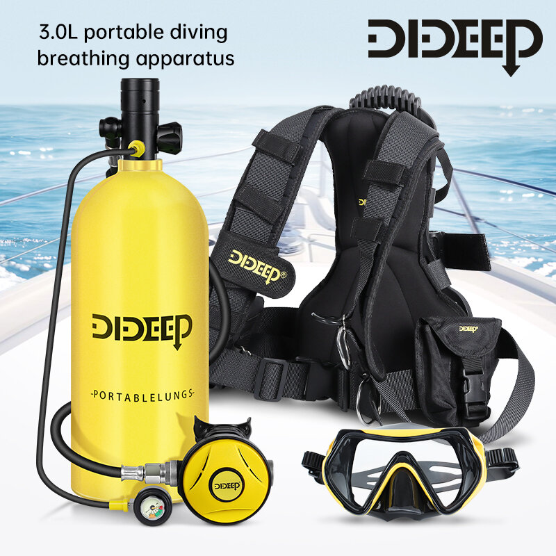 Dideep-pequeno tanque de mergulho com óculos, tanque de ar, equipamento de mergulho, respiração ao ar livre, até 30 minutos, 3L, 3000PSI