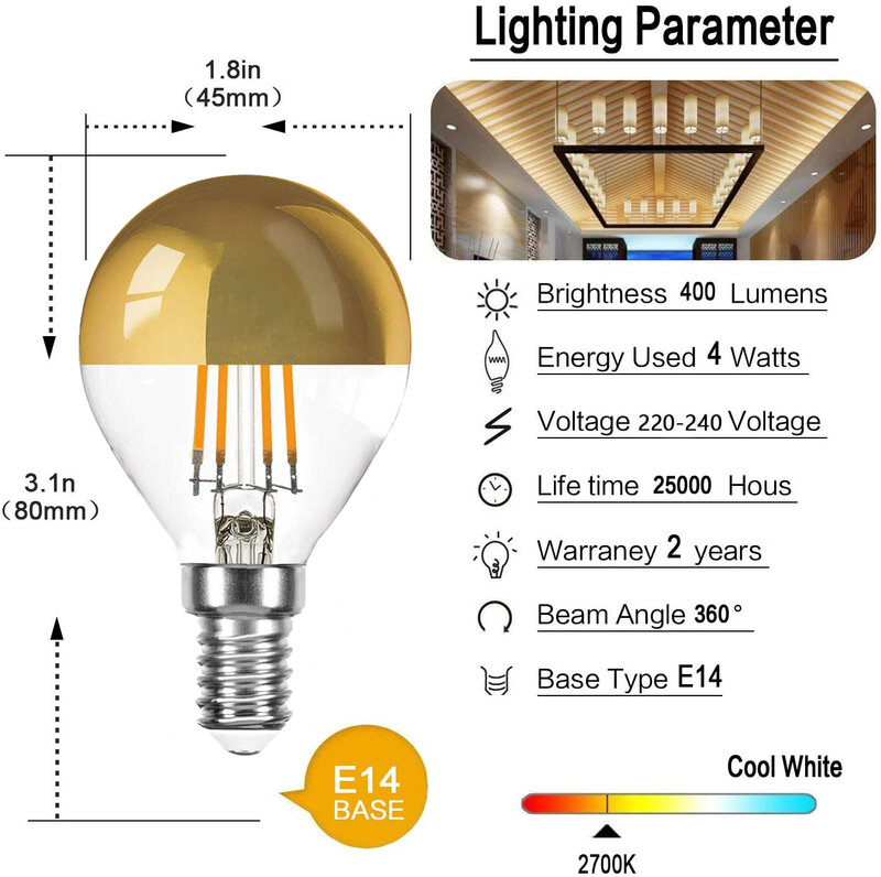 6PCS Edison led filament E14 4W G45 deep dimmer warm white 2700K golden top Mirror Shadowless Lamp lights