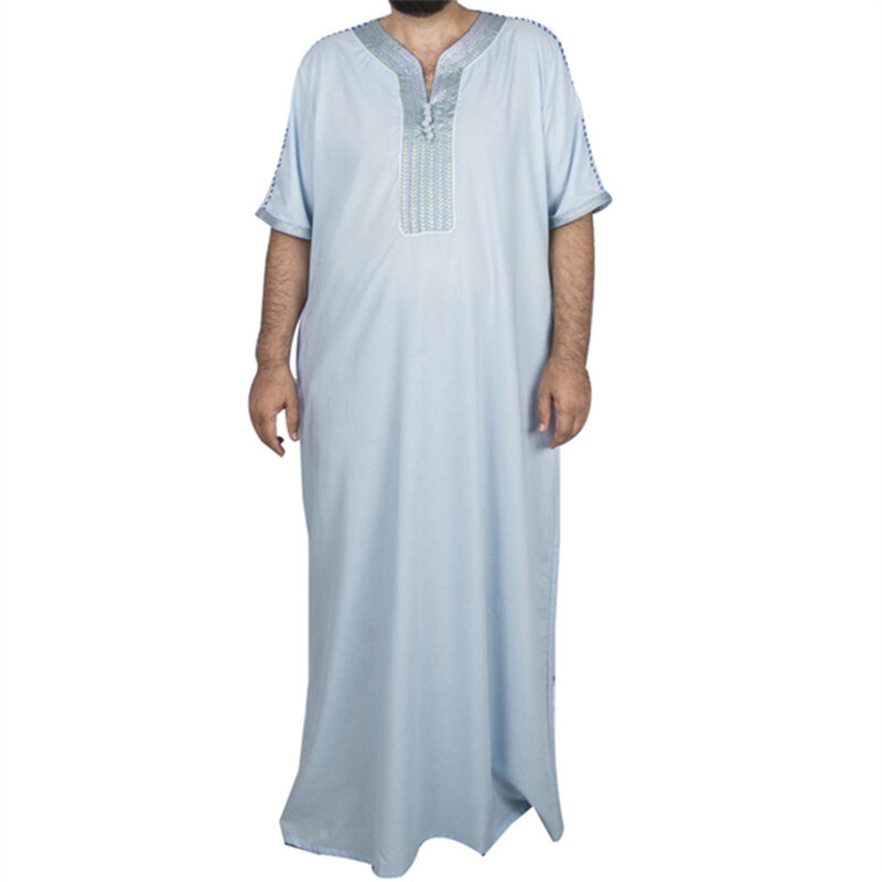 Thobe Jubba long en polyester pour hommes, style musulman, manches mi-longues, mode d'été, vêtements musulmans Abaya