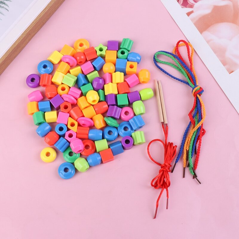 Mainan tali manik-manik Montessori anak-anak, mainan latihan kerajinan manik-manik tali pelangi dasar mainan bintang plastik