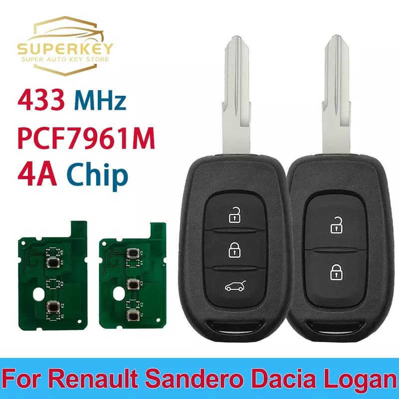 SUPERKEY-chave remota para Renault, Renault Dacia Logan 2, Sandero, Lodgy, Dokker, Trafic Clio4, Duste, PCF7961M, 4A, OEM, 2, 3 botões, 4A, chip PCF7961M, 434MHz