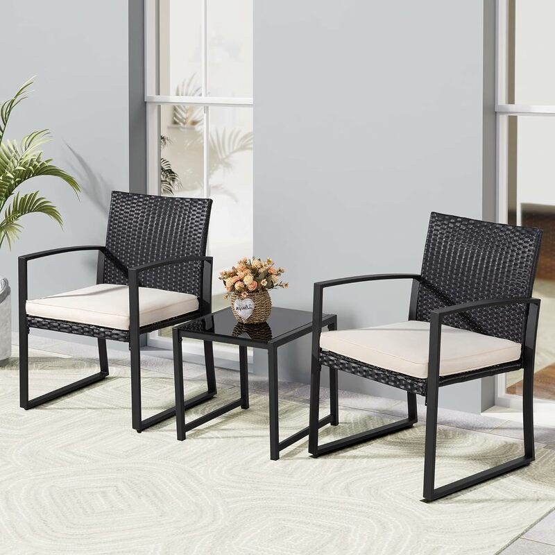 Set di mobili da giardino per esterni da 3 pezzi, Set da bistrot moderno in vimini, sedia da conversazione in Rattan di 2 con tavolino per veranda da giardino