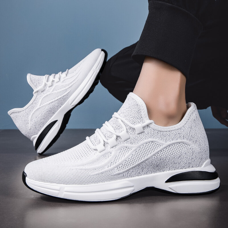 Witte Veter Sneakers Heren Hoogte Verhoging Inlegzolen 6Cm Verstelbare Liften Casual Schoenen Mode