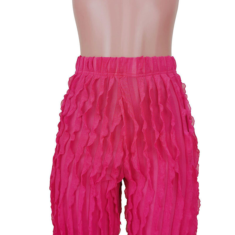 2024 Spring/Summer Women's Loose High Waist Wide Leg Pants with Mesh Wave Pattern Ruffle Edge